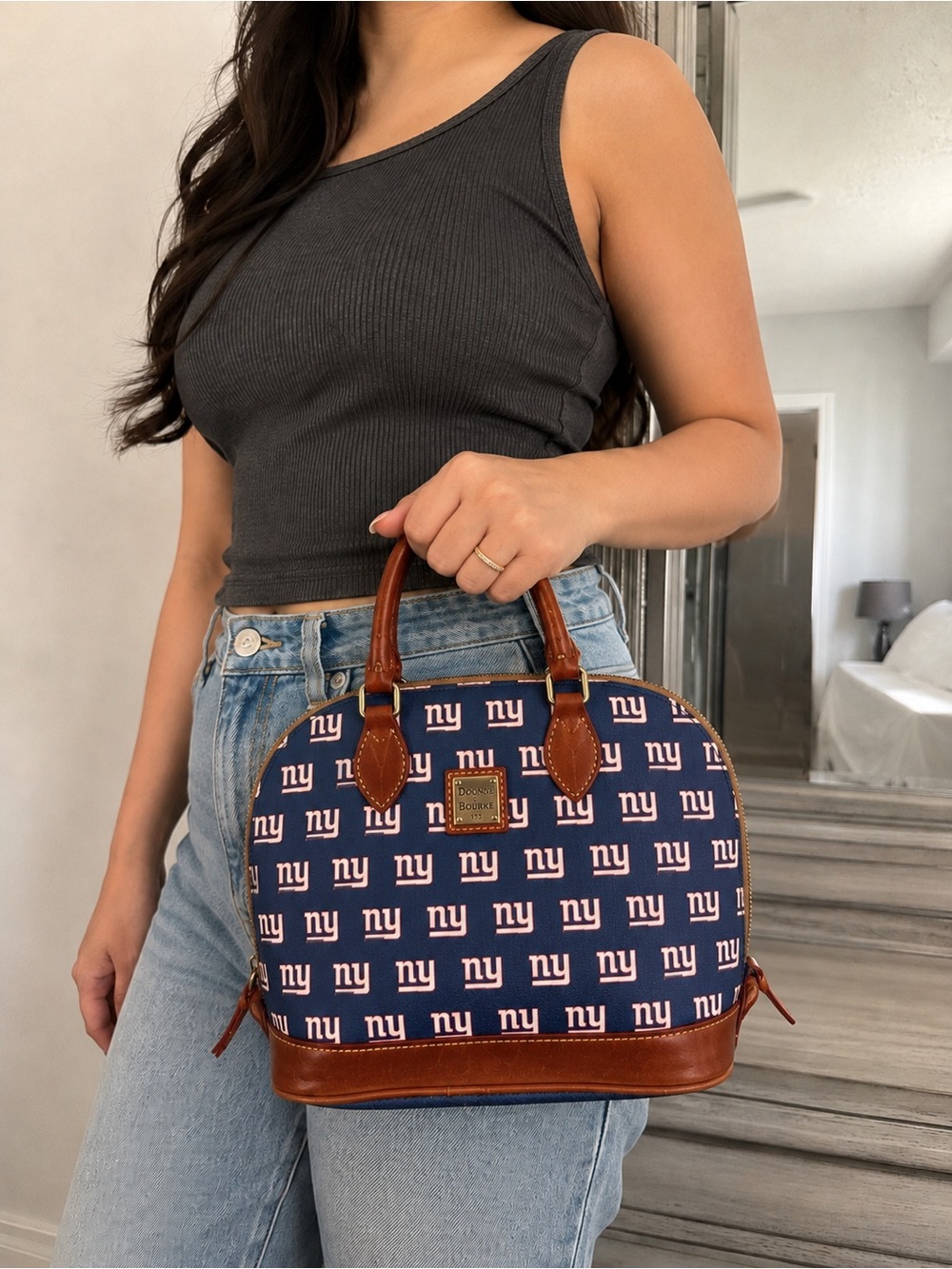 Dooney & Bourke Navy NY Giants Logo Satchel with Brown Trim and Red Interior - Picture 2 of 14